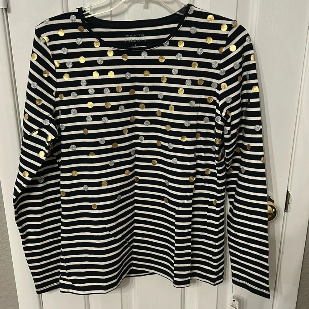 Talbots Women’s (S) Navy Striped Long Sleeve Crewneck Metallic Dot Tee Shirt NWT